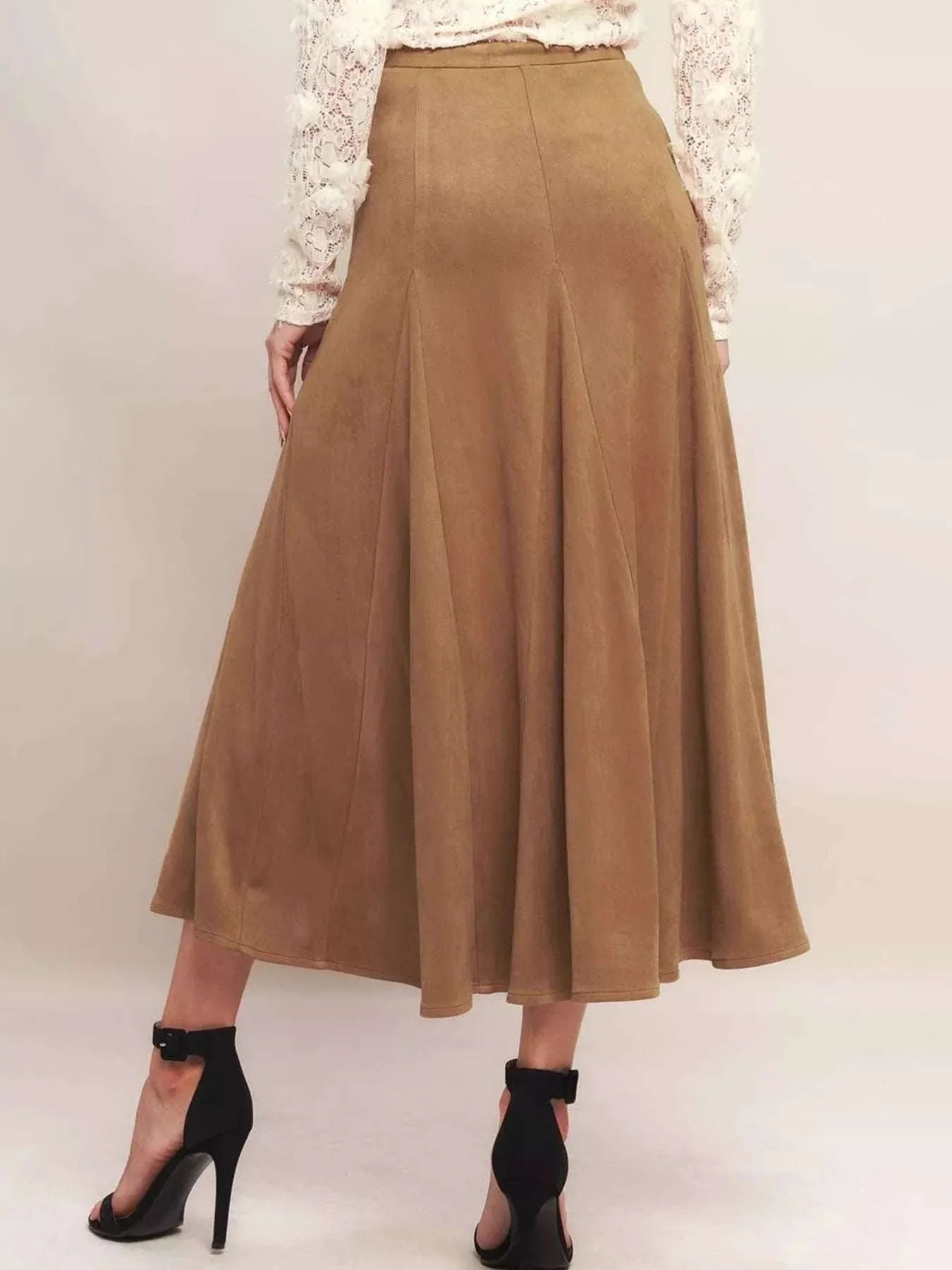 Flowy camel brown A-line midi skirt with elastic waistband and graceful drape