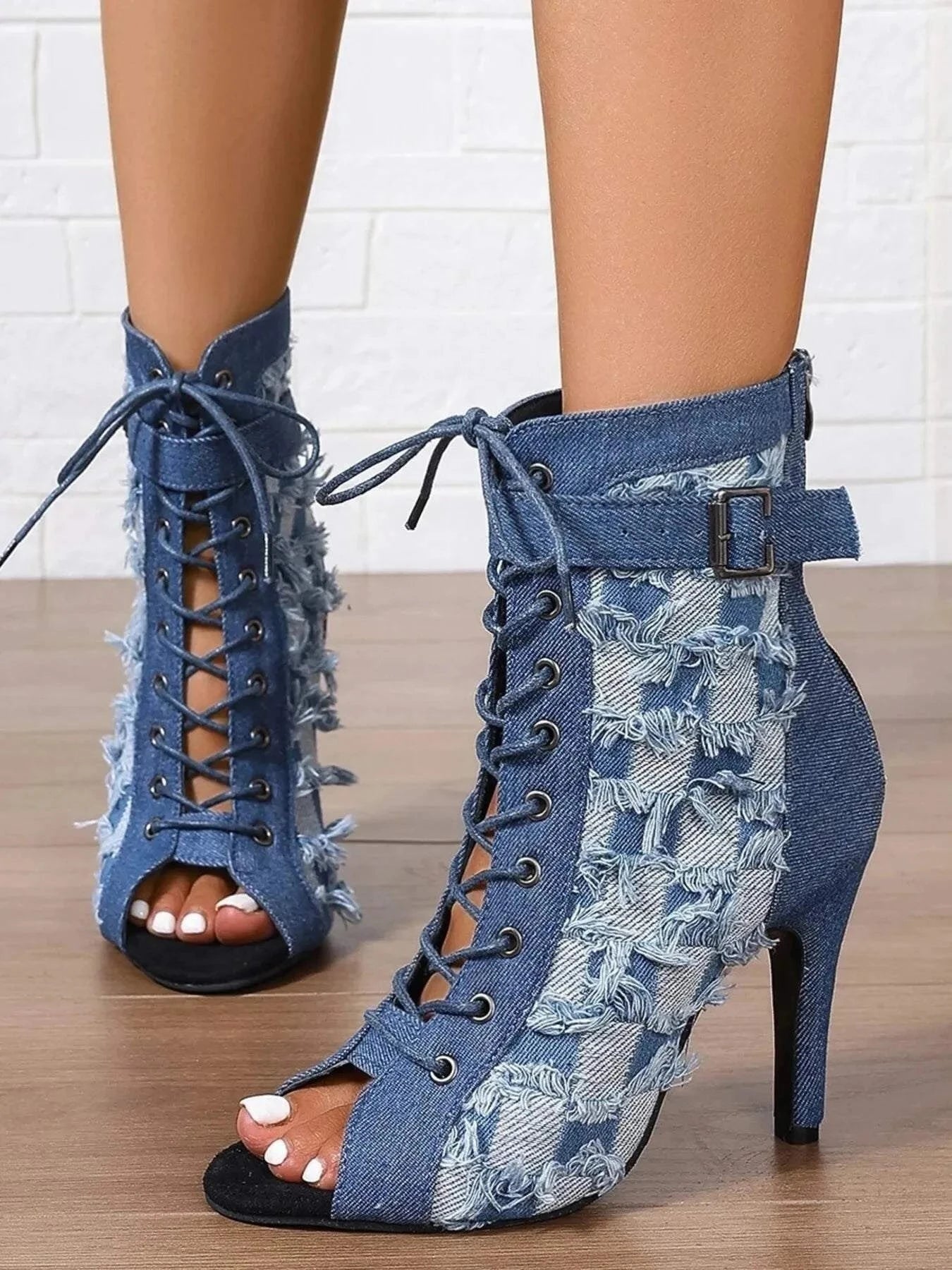 women's distressed denim ankle boots with lace-up peep toe and high heels