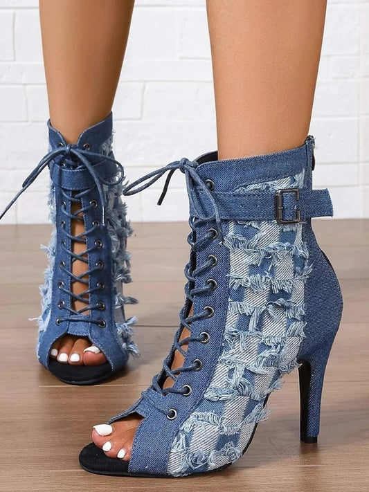 women's distressed denim ankle boots with lace-up peep toe and high heels
