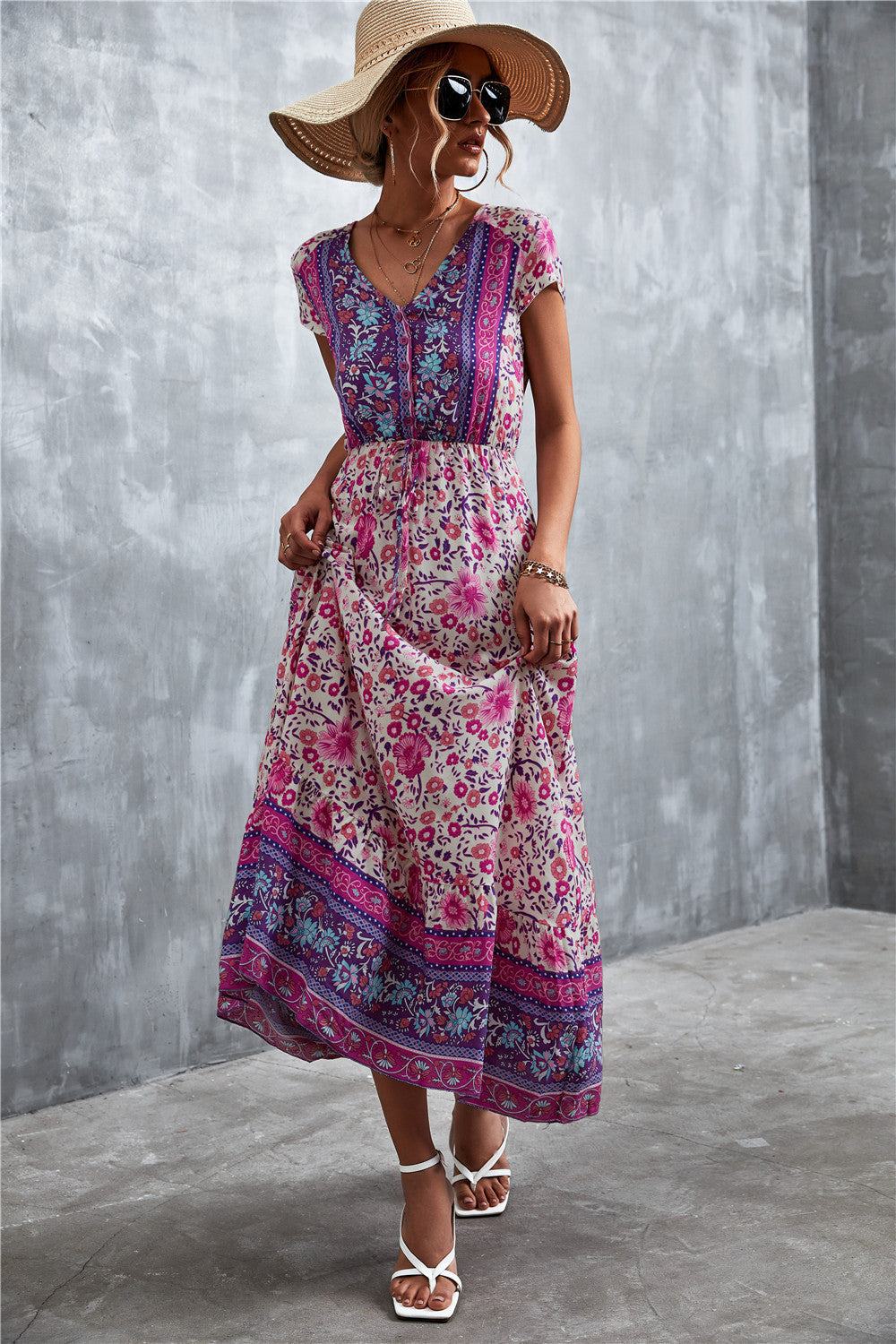 Bohemian Maxi Dress for Women: V-Neck Short Sleeve Printed Maxi Dress - Redemption By Ashley North