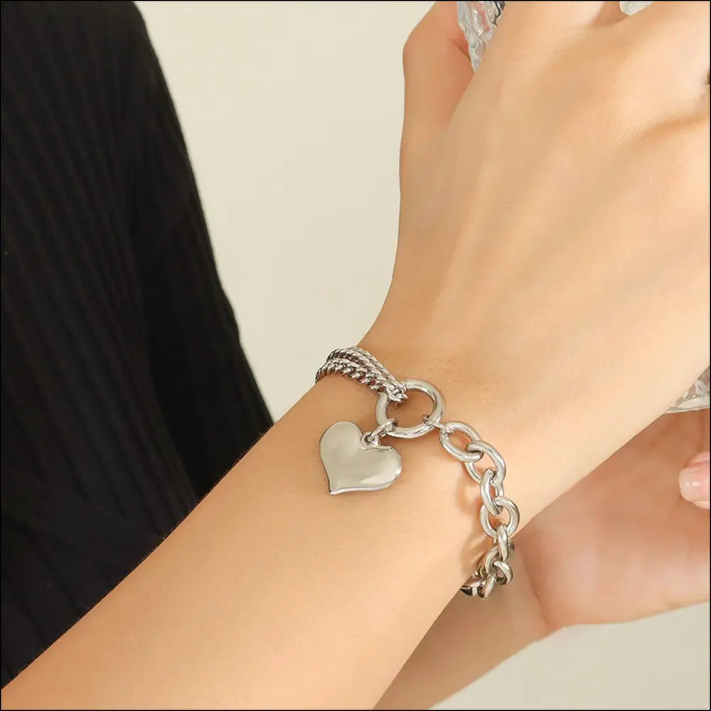 Half Chunky Chain titanium steel bracelet with heart charm on wrist