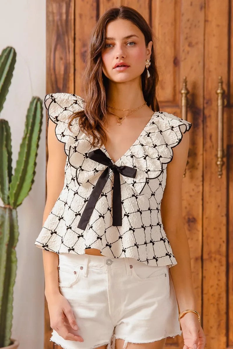 SO ME Bow Texture Jacquard Woven Top with Scallop and Tie.
