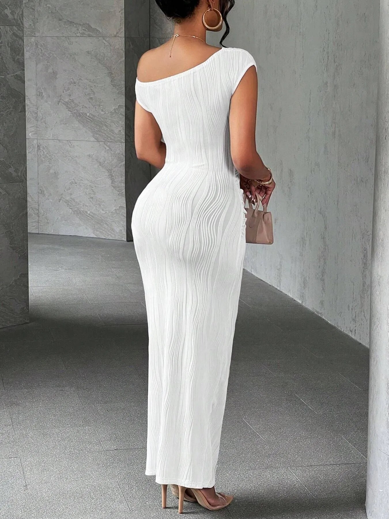 Textured Bodycon Maxi Dress with Single Shoulder Design - Redemption By Ashley North