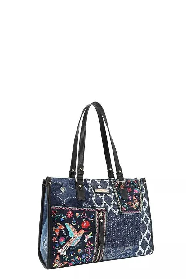 Nicole Lee USA Bosque de Amor denim tote bag with hummingbird embroidery and vegan leather accents
