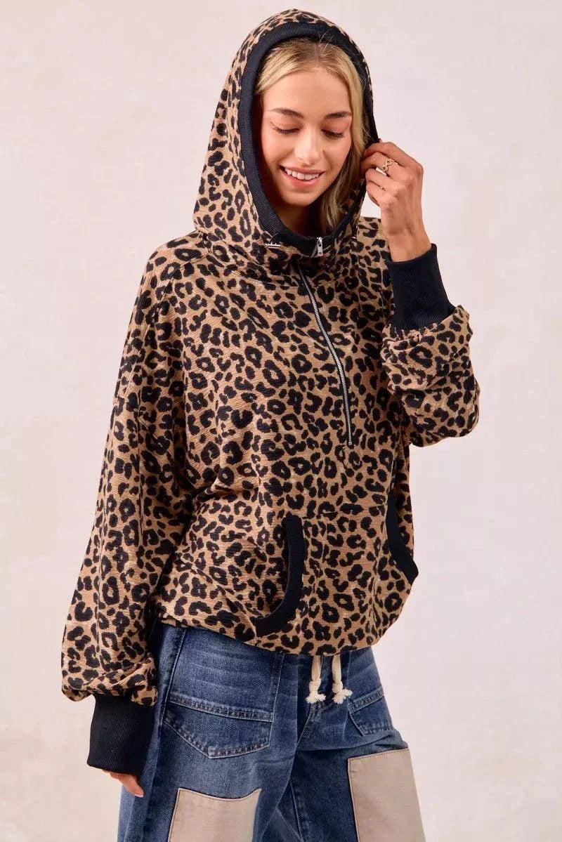 Leopard print waffle half zip hoodie with pocket and drawstring hood
