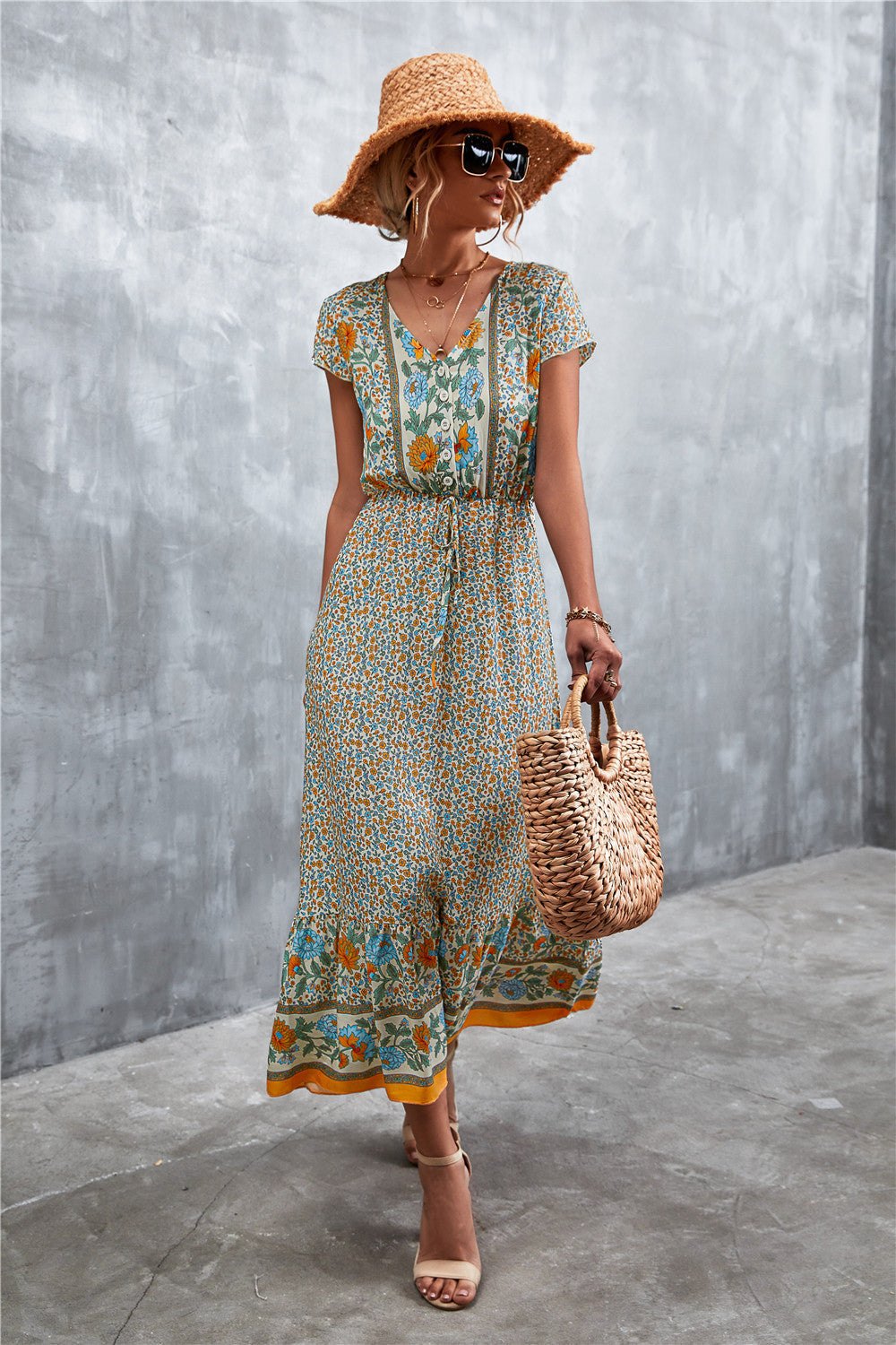 Bohemian Maxi Dress for Women: V-Neck Short Sleeve Printed Maxi Dress - Redemption By Ashley North