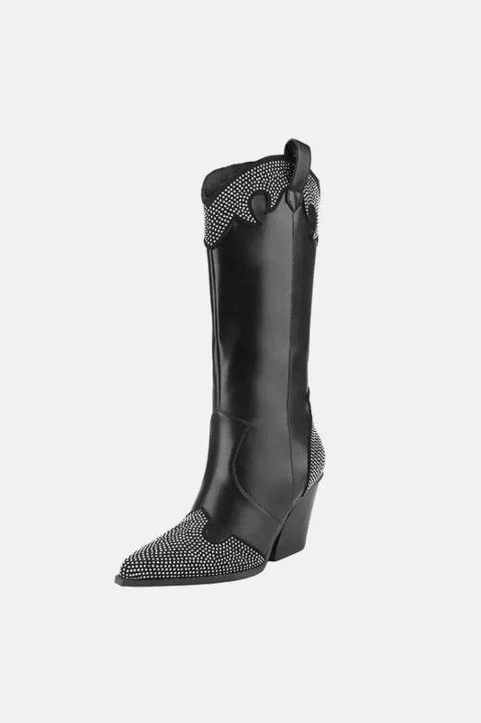 Black chunky heel western boot with rhinestone embellishments and pointed toe
