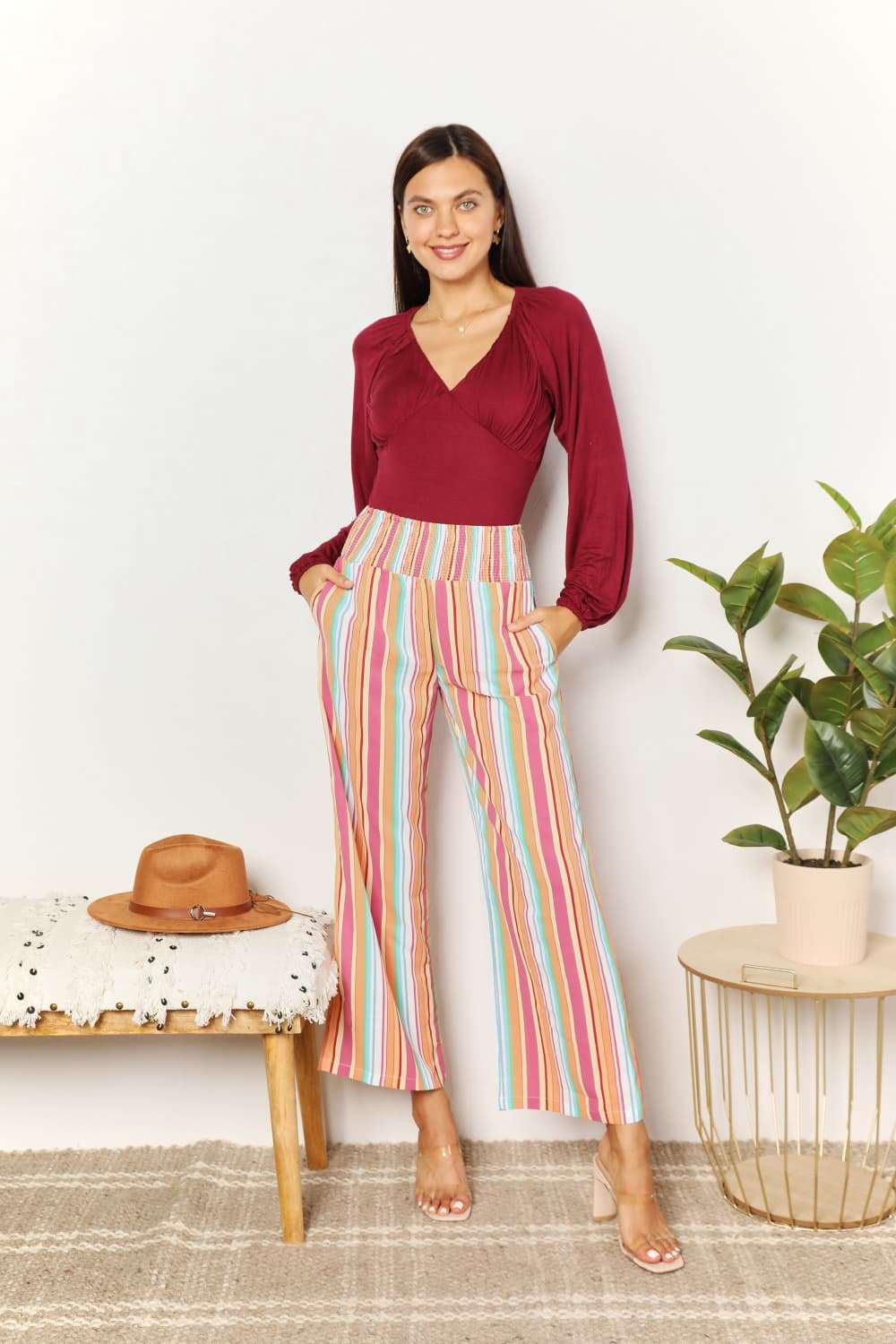 Double Take Striped Smocked Waist Pants with Pockets for Stylish Comfort - Redemption By Ashley North