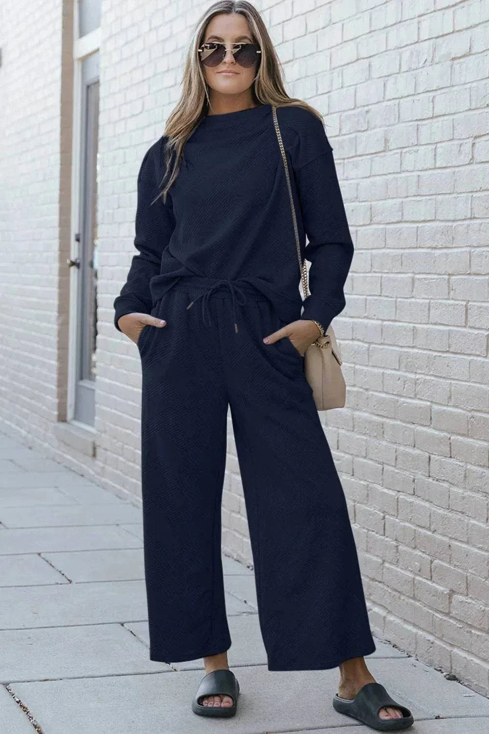 Textured Long Sleeve Set and Pants with Drawstring - Double Take Collection - Redemption By Ashley North