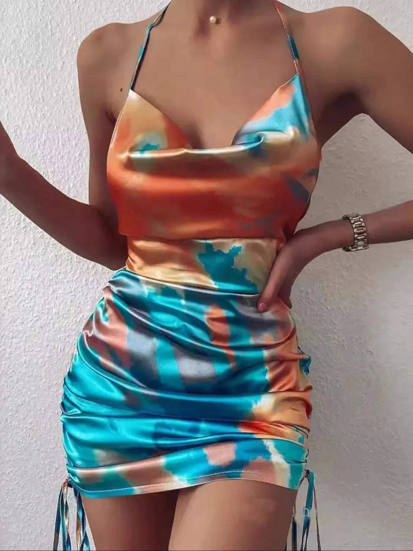 Tie-Dye Mini Dress with Halter Ruched Design and Side Drawstring - Redemption By Ashley North