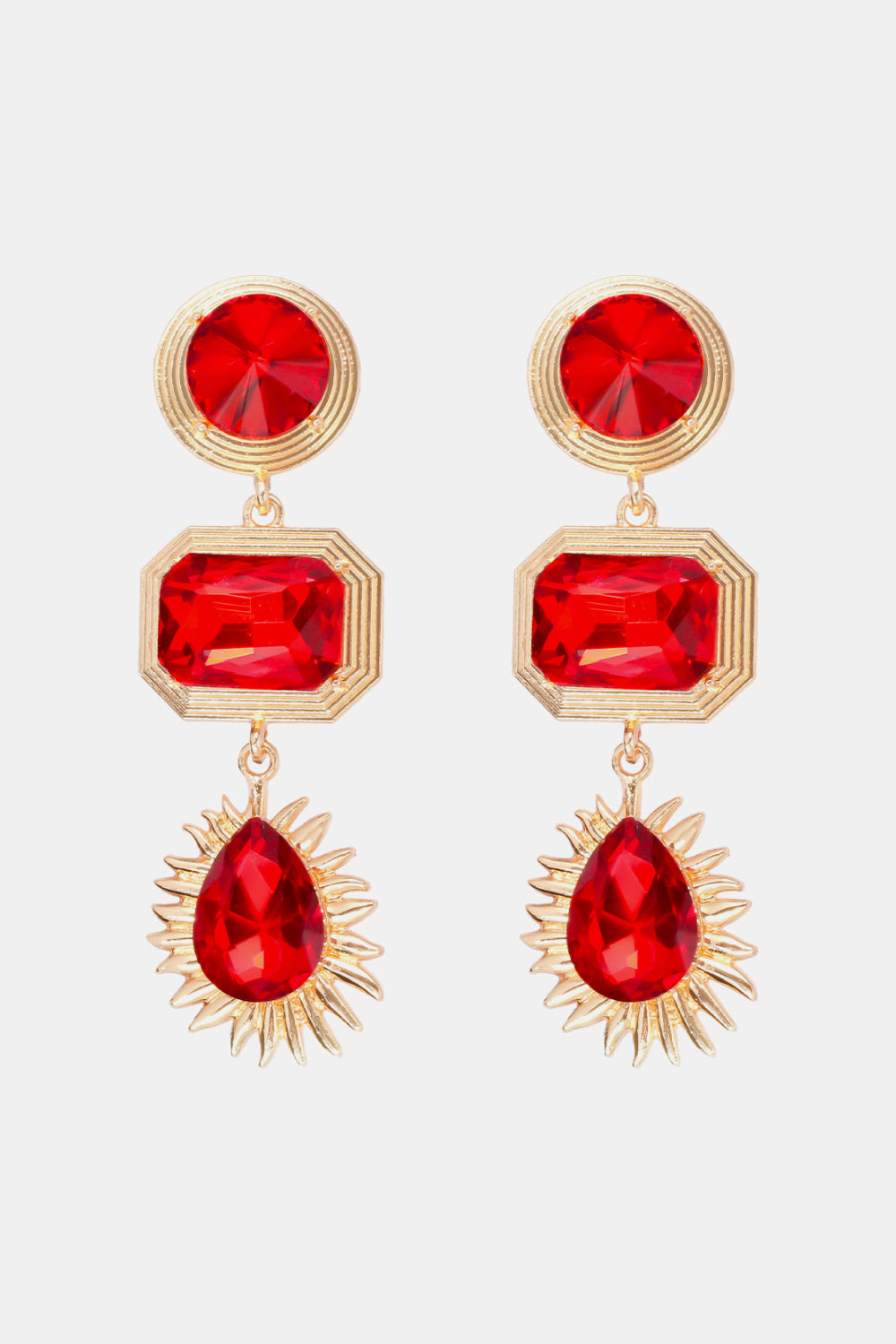 Geometrical shape zinc alloy frame glass dangle earrings with red stones