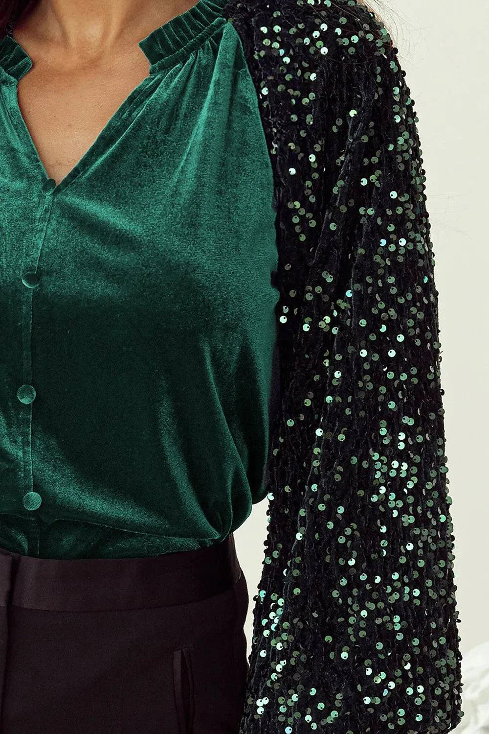 Green sequin notched long sleeve blouse with velvet front and shiny sequin sleeves