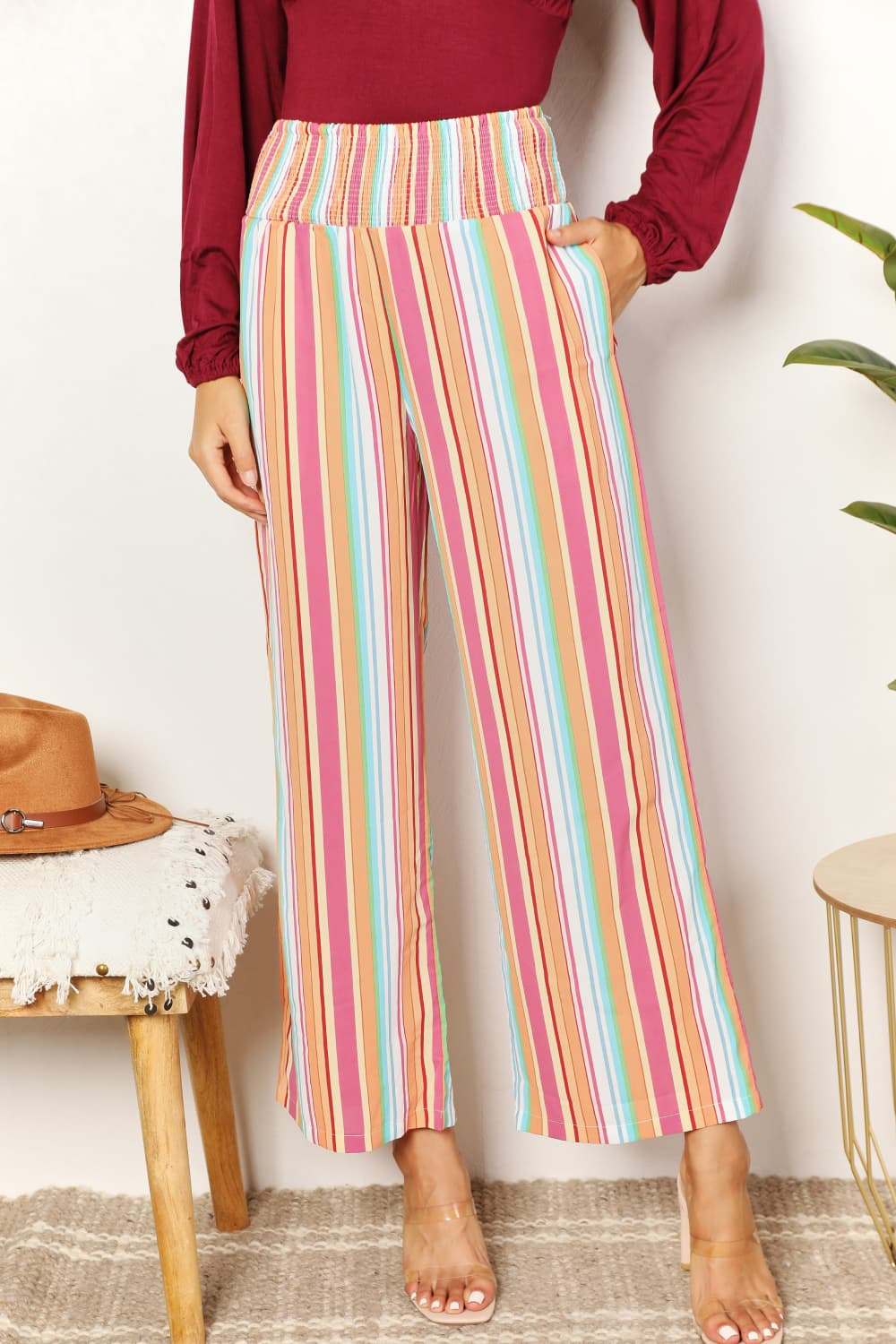 Double Take Striped Smocked Waist Pants with Pockets for Stylish Comfort - Redemption By Ashley North