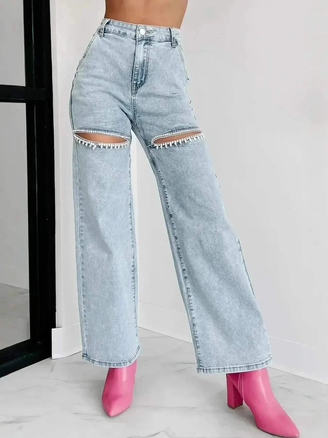 High Waist Wide Leg Jeans with Cut-Out Design - Redemption By Ashley North