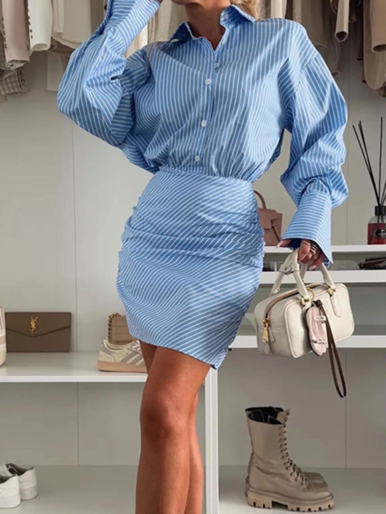 Striped Mini Shirt Dress with Button Front.