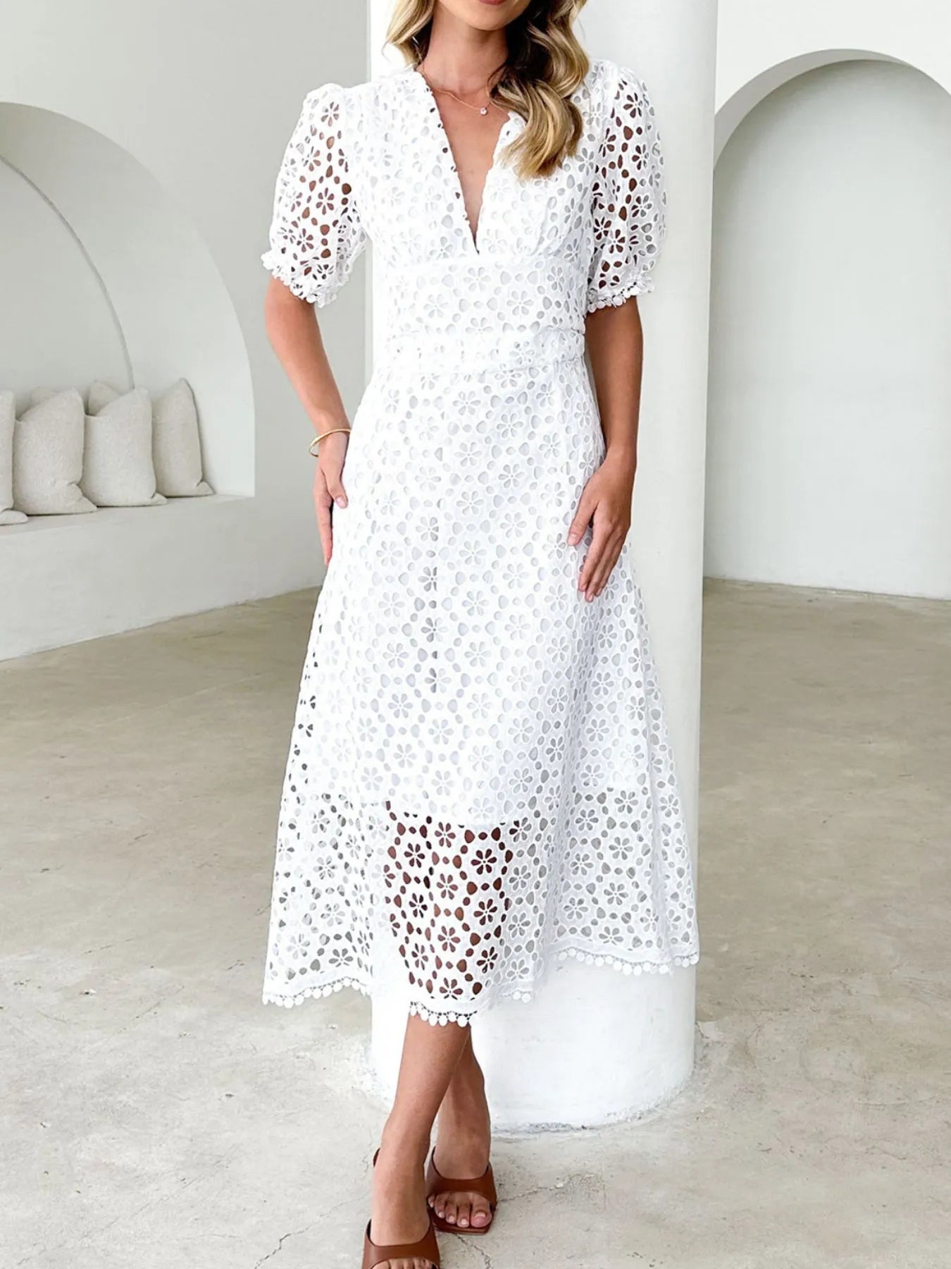 Eyelet Lace V-Neck Dress with Puff Sleeves - Elegant Midi Style.