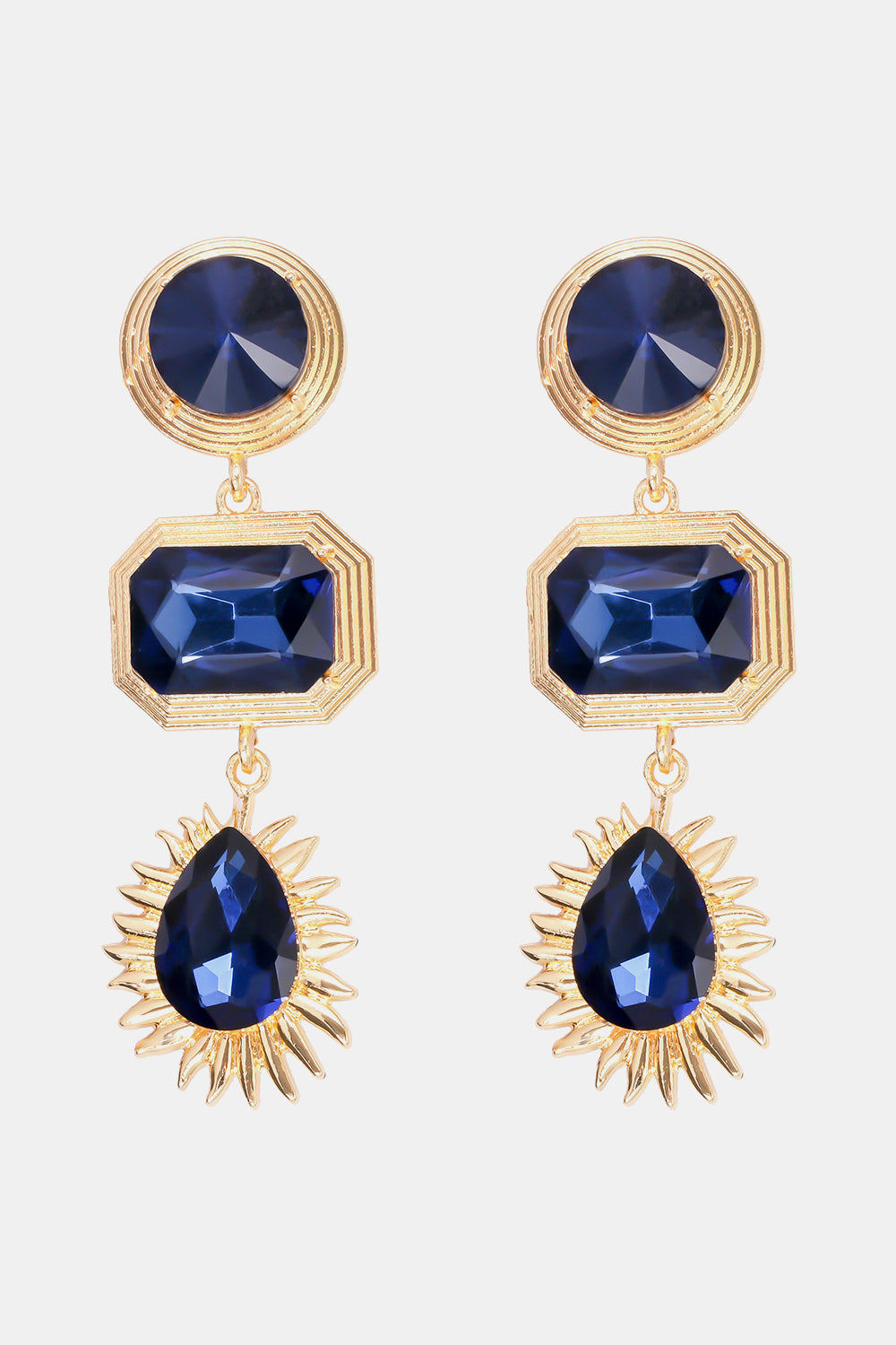 Geometrical shape zinc alloy frame glass dangle earrings with blue stones and gold detailing