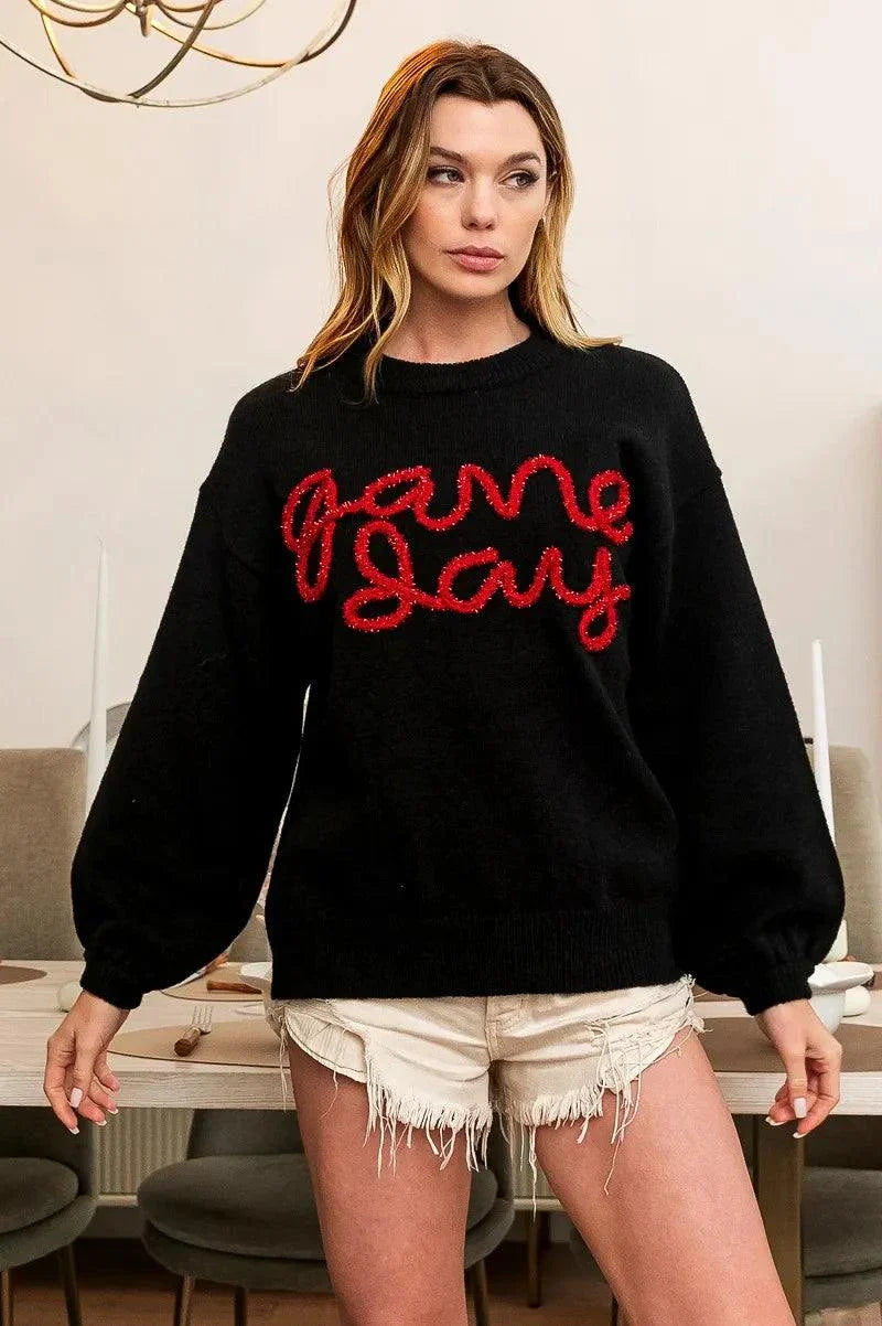 BiBi Game Day Metallic Letter SweaterShow your team spirit in style with this Game Day Metallic Letter Sweater. The metallic letter design adds a touch of glamour and sparkle to this sweater, perfect foRedemption By Ashley NorthGame Day Metallic Letter Sweater