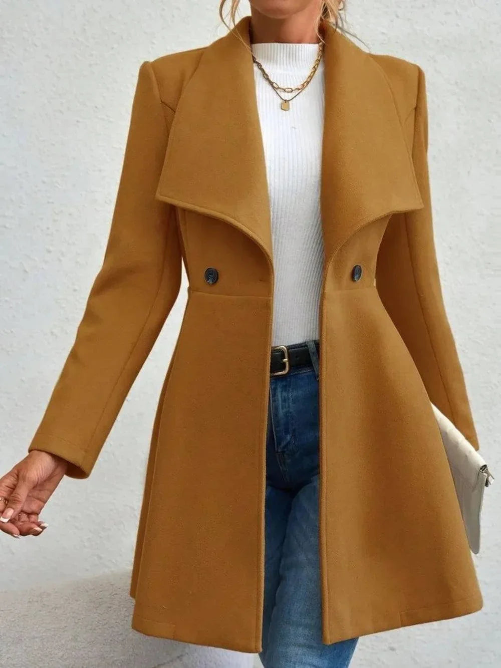 Women's collared neck button up long sleeve coat in camel brown polyester blend.