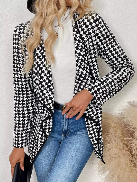 Women's houndstooth open front long sleeve cardigan in black and white polyester blend