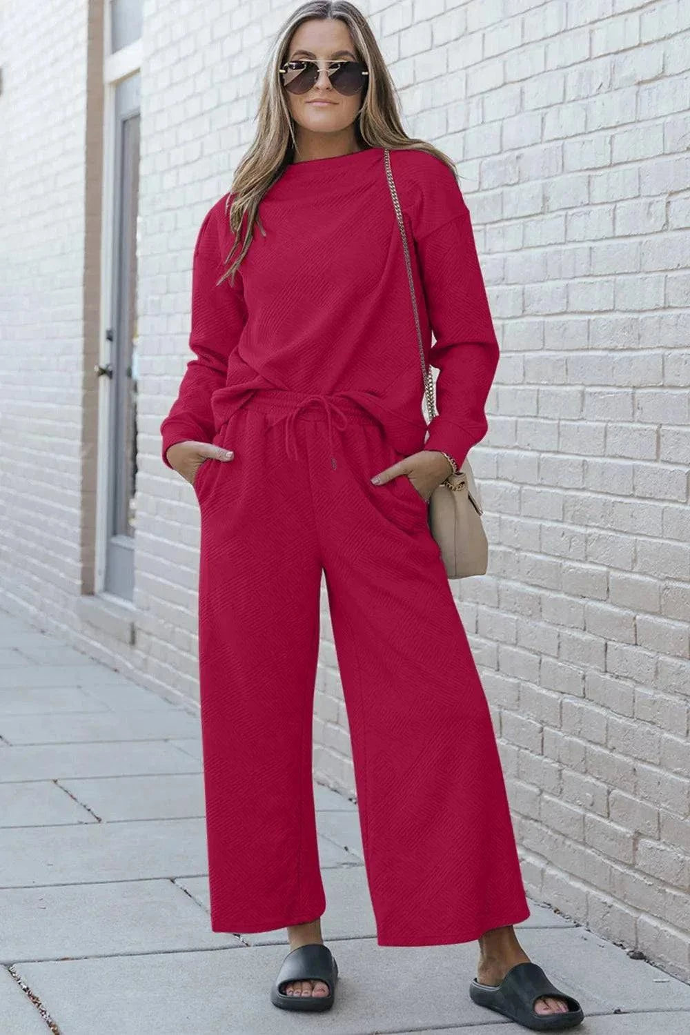 Textured Long Sleeve Set and Pants with Drawstring - Double Take Collection - Redemption By Ashley North