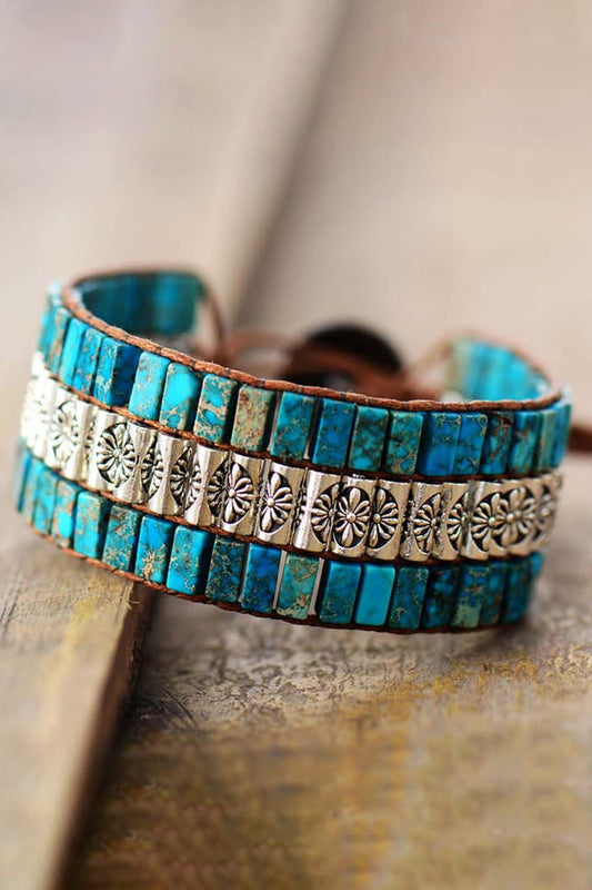 Handmade triple layer natural stone bracelet with turquoise stones and alloy floral accents in modern style