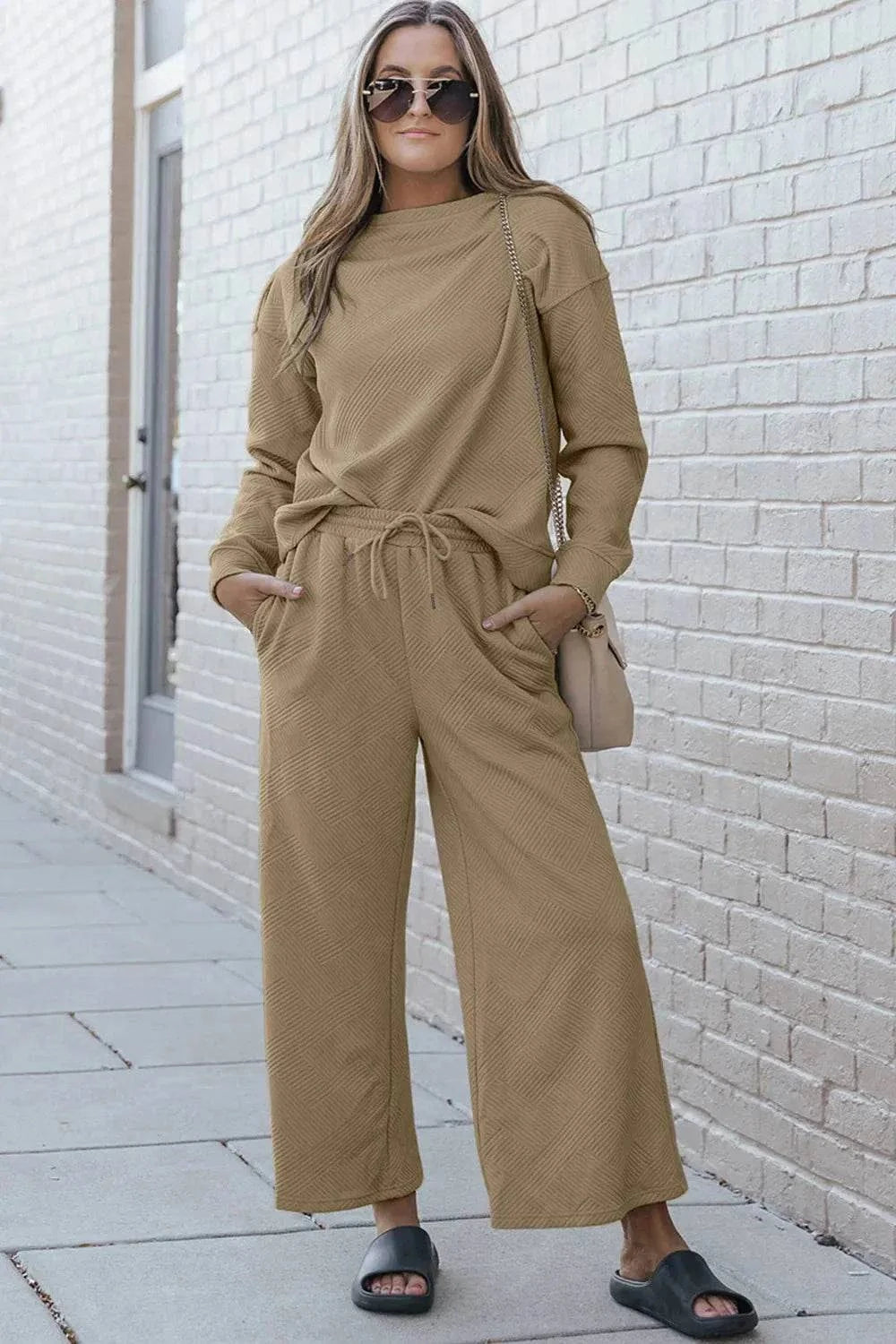 Textured Long Sleeve Set and Pants with Drawstring - Double Take Collection - Redemption By Ashley North