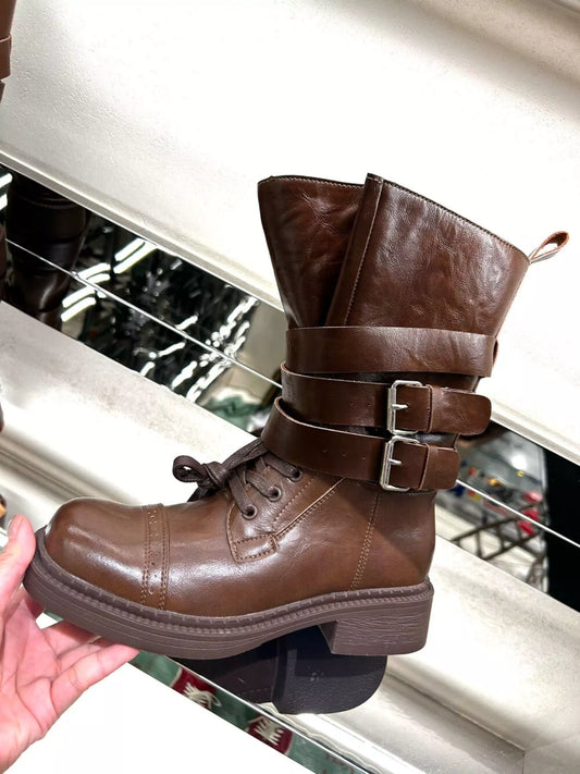 Buckled Leather Block Heel Boots.