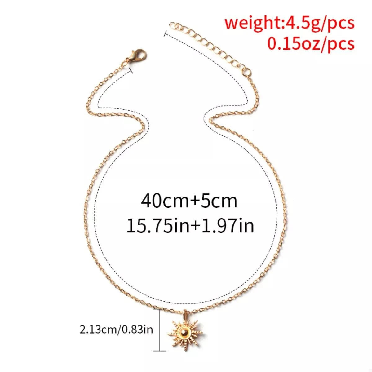 Sunburst Pendant NecklacePieces:1-piece
Material:18K Gold-Plated,Zinc alloy,Silver-plated
Care instructions:Avoid wearing during exercise, as sweat will react with the jewelry to produce silSunburst Pendant Necklace