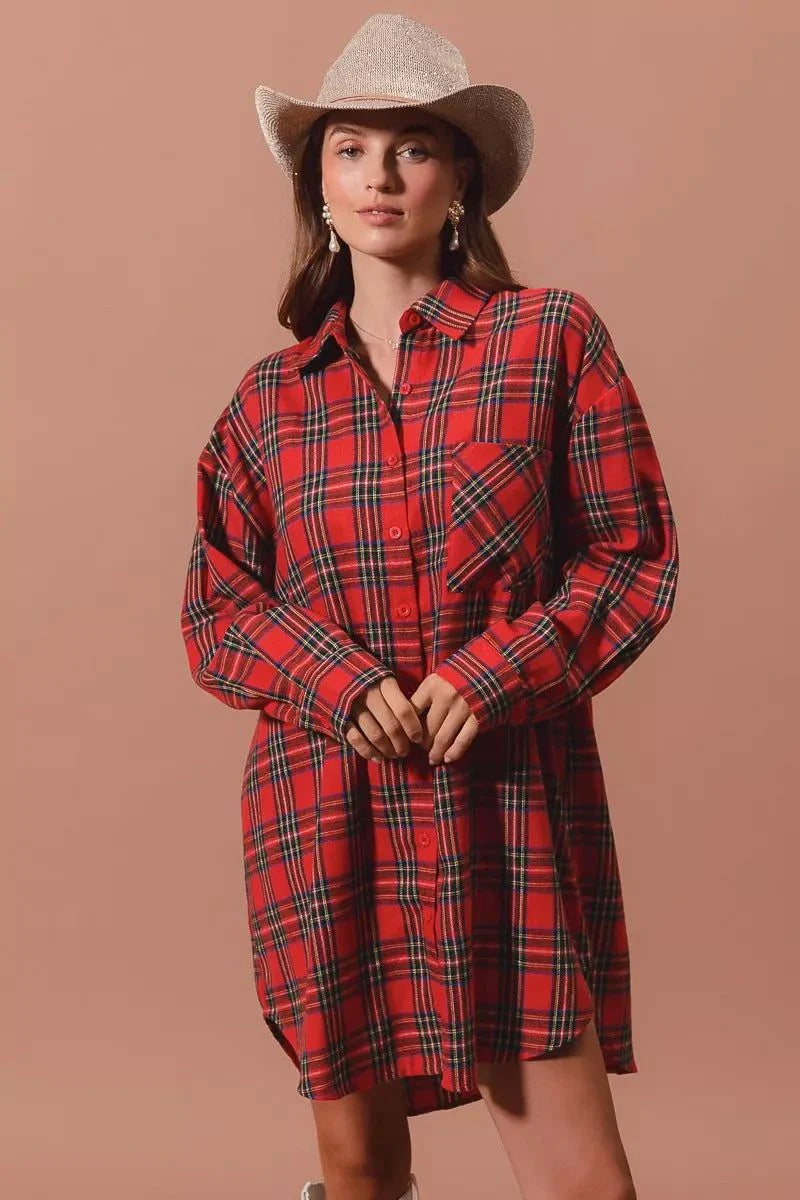SO ME Christmas Checker Plaid Button Up Shirt DressThis Red Plaid Oversized Shirt Dress is a stylish and comfortable choice for any occasion. Made from a soft and breathable fabric, this dress features a classic plaiChristmas Checker Plaid
