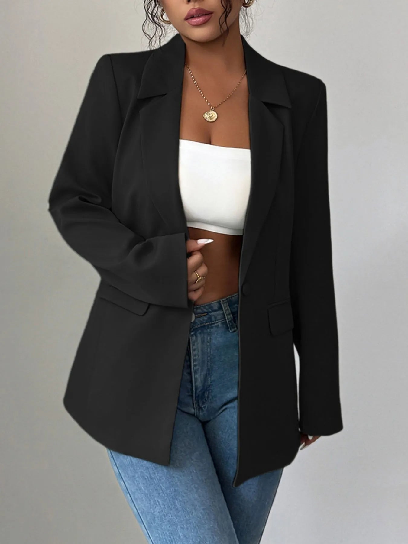 One Button Blazer with Lapel Collar.