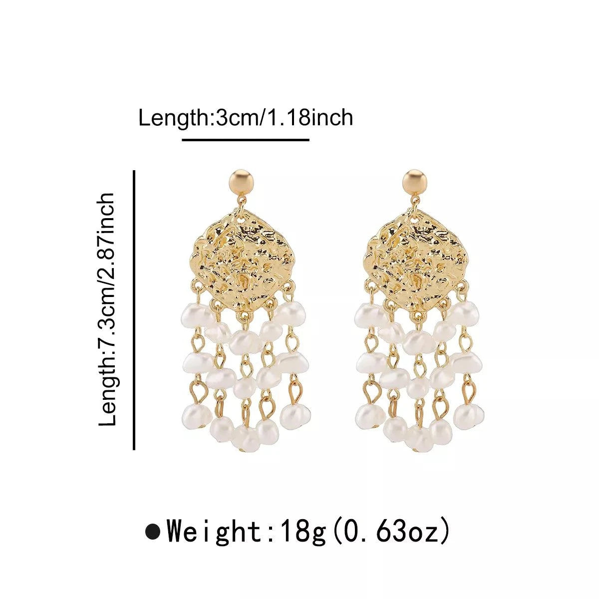 Pair of 18K gold-plated dangle earrings with synthetic pearls, 7.3cm length, lightweight and elegant design