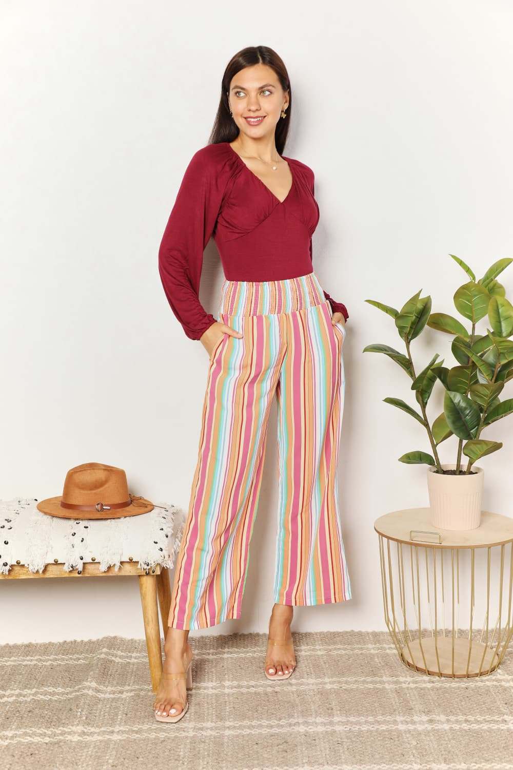 Double Take Striped Smocked Waist Pants with Pockets for Stylish Comfort - Redemption By Ashley North