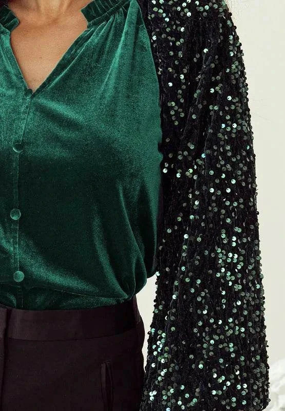 Sequin notched long sleeve blouse with green velvet front and black sequin embellished sleeves