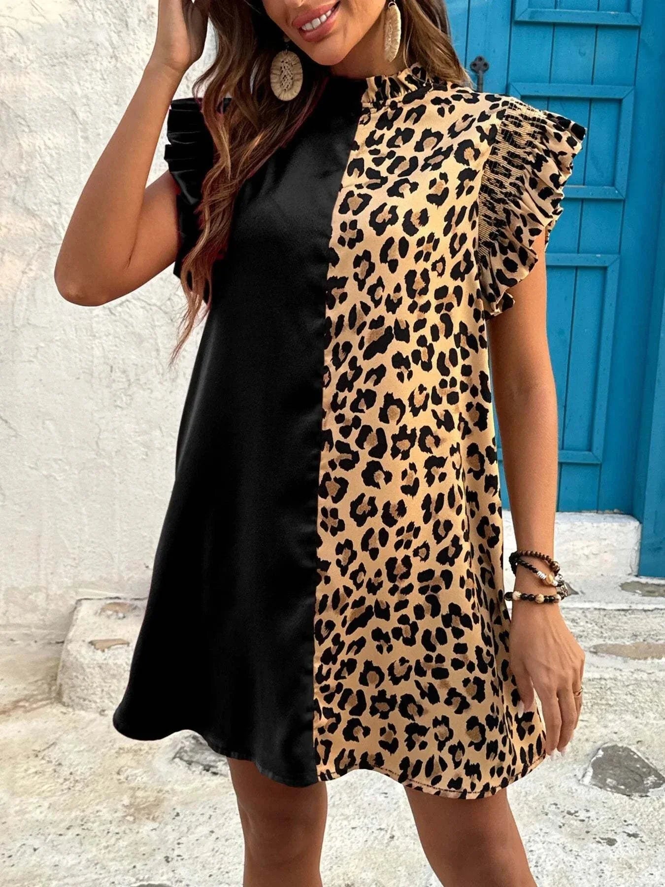 Leopard Color Block Dress with Ruffle Sleeves - Redemption By Ashley North