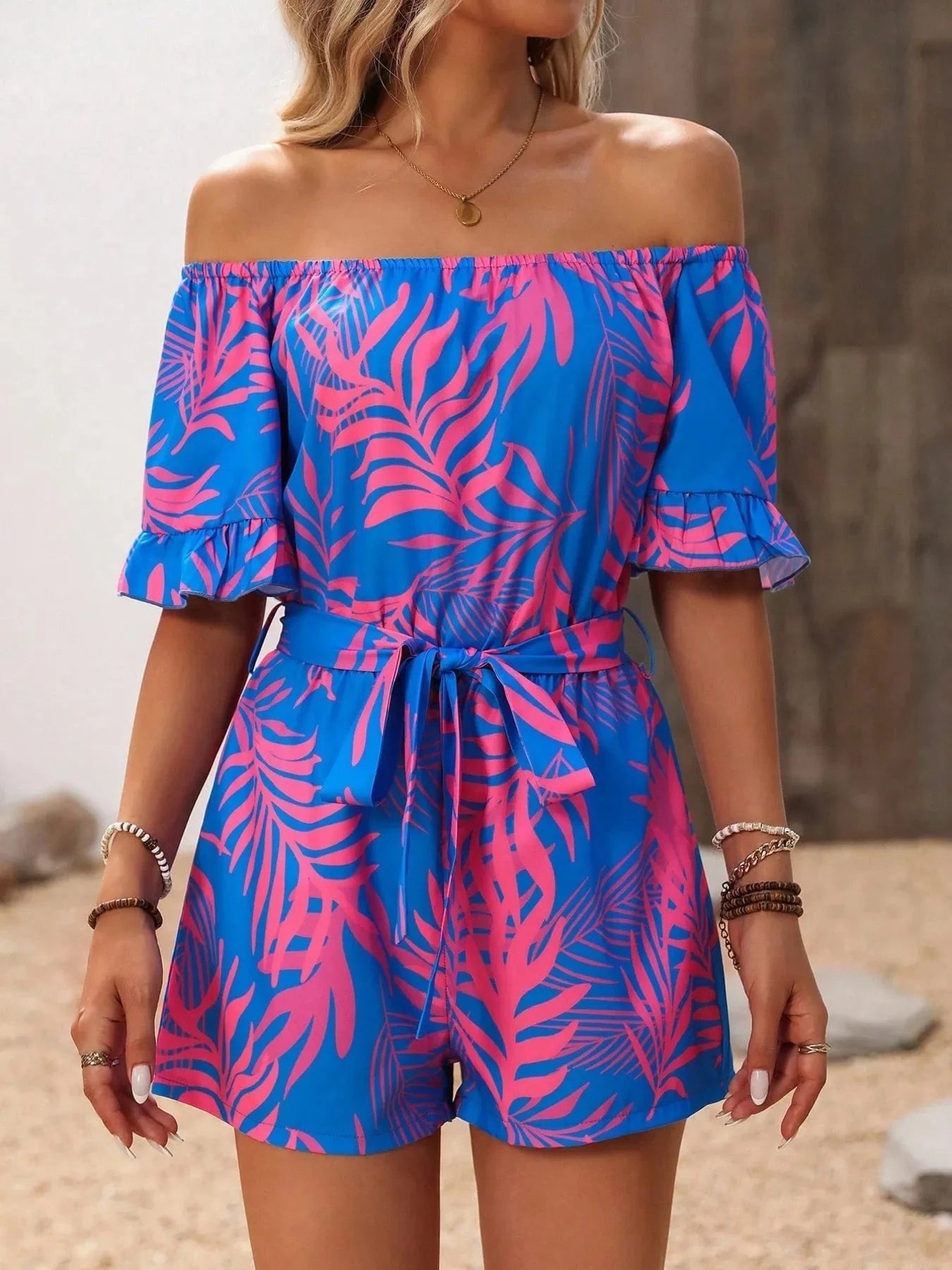 Tropical Print Off-Shoulder Romper - Redemption By Ashley North