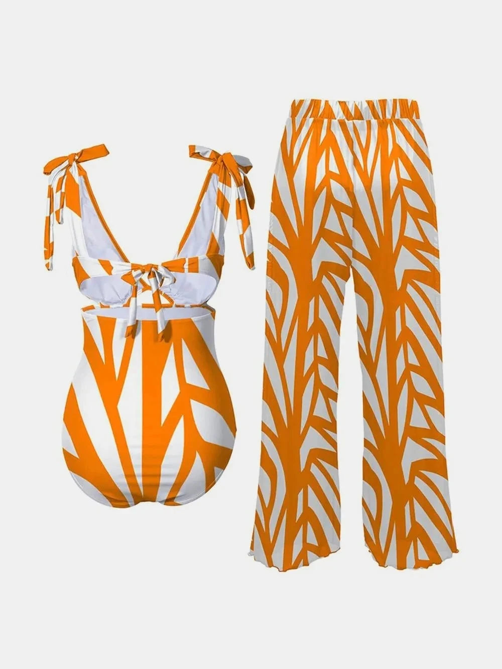 FAM-FAM Printed Tie Shoulder Swimwear with Matching Pants Set - Redemption By Ashley North