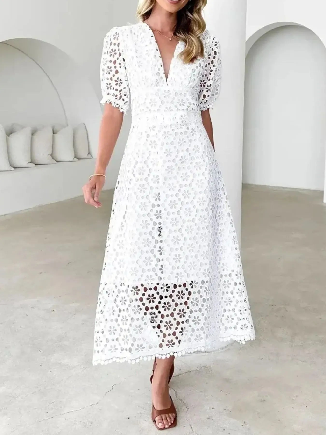 Eyelet Lace V-Neck Dress with Puff Sleeves - Elegant Midi Style.