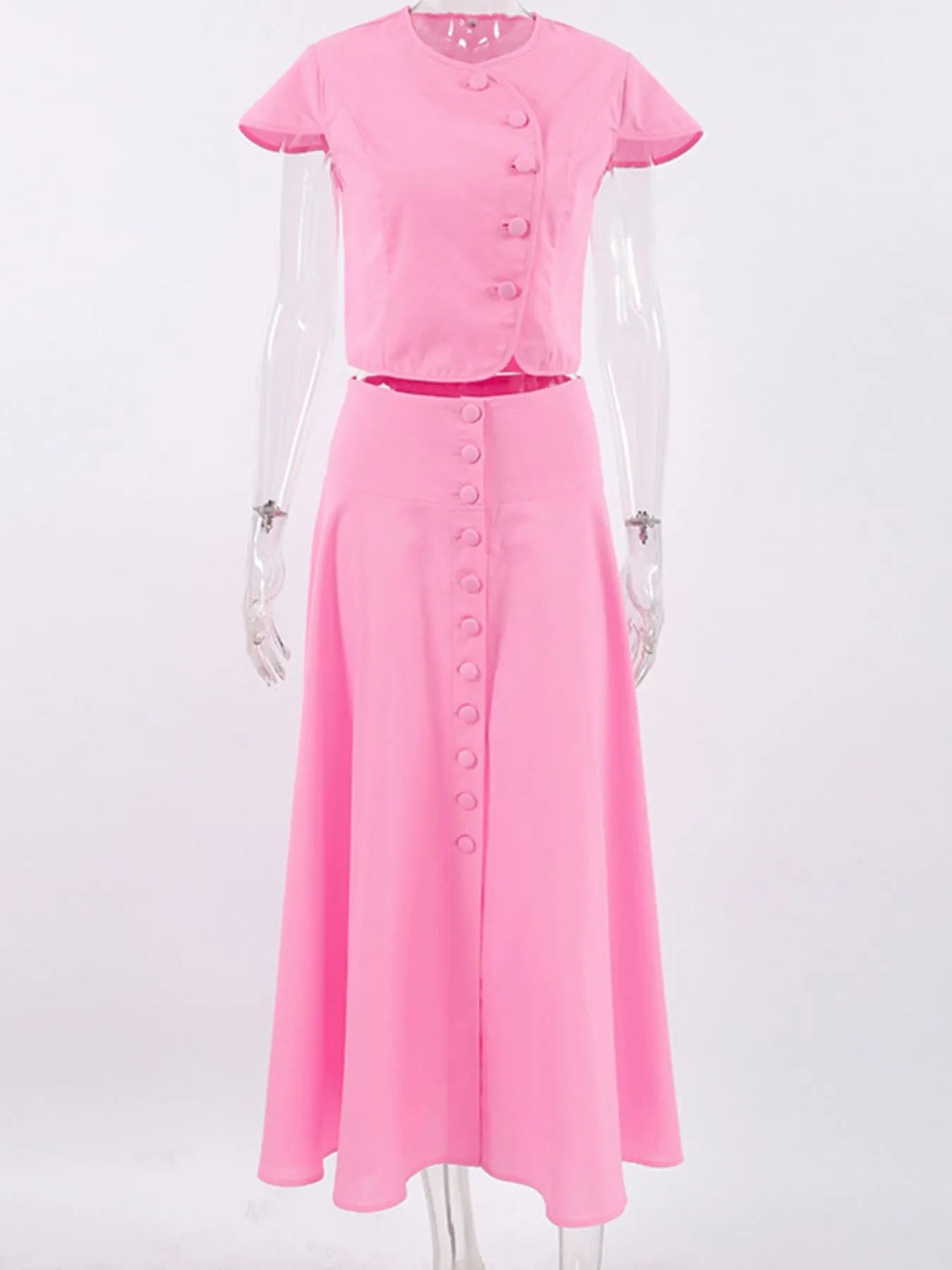 Pink short sleeve top and buttoned skirt set made of 100% cotton, two-piece outfit