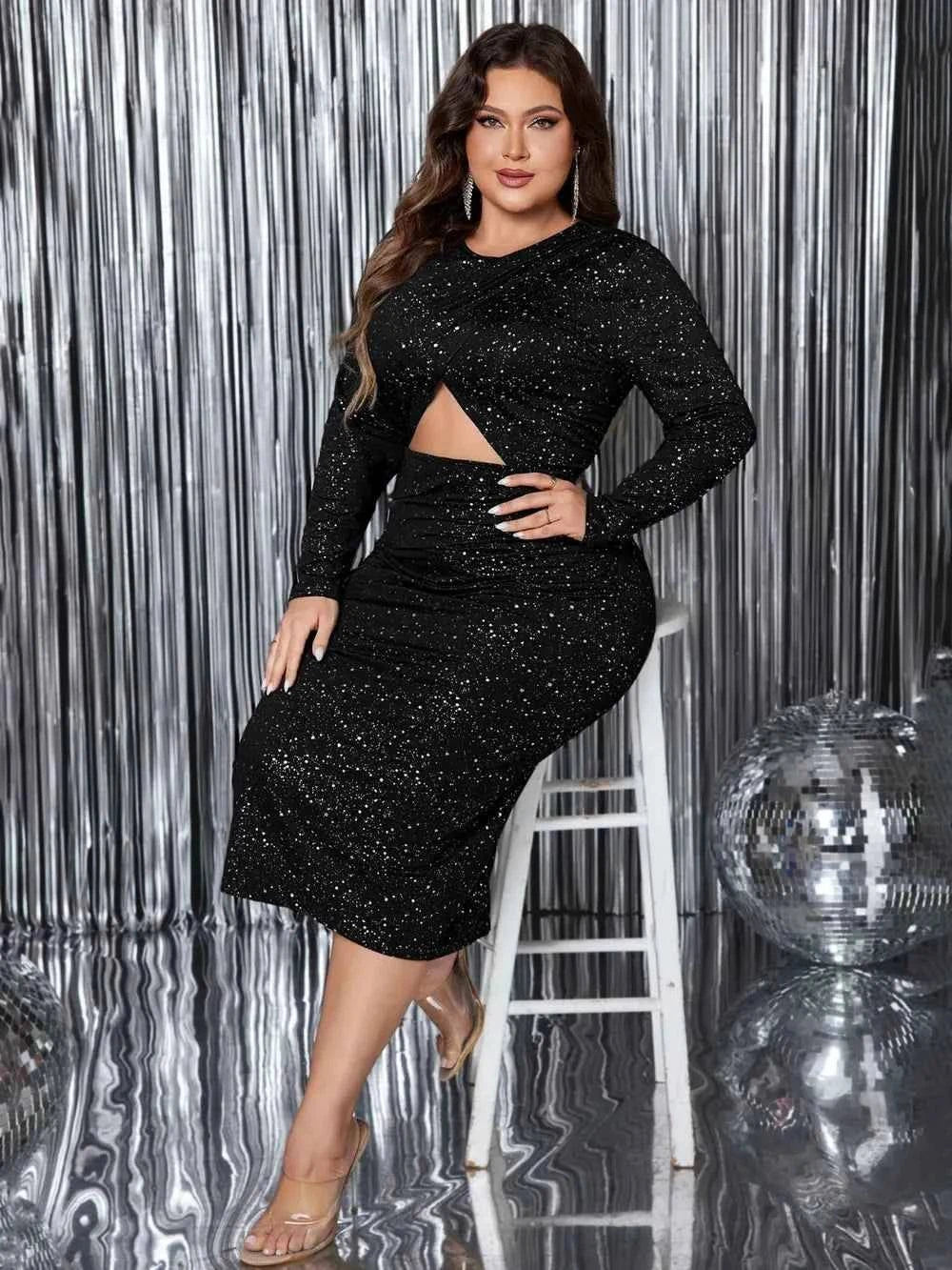 Honey Plus Size Cutout Dress with Slit and Round Neck Long Sleeve - Redemption By Ashley North