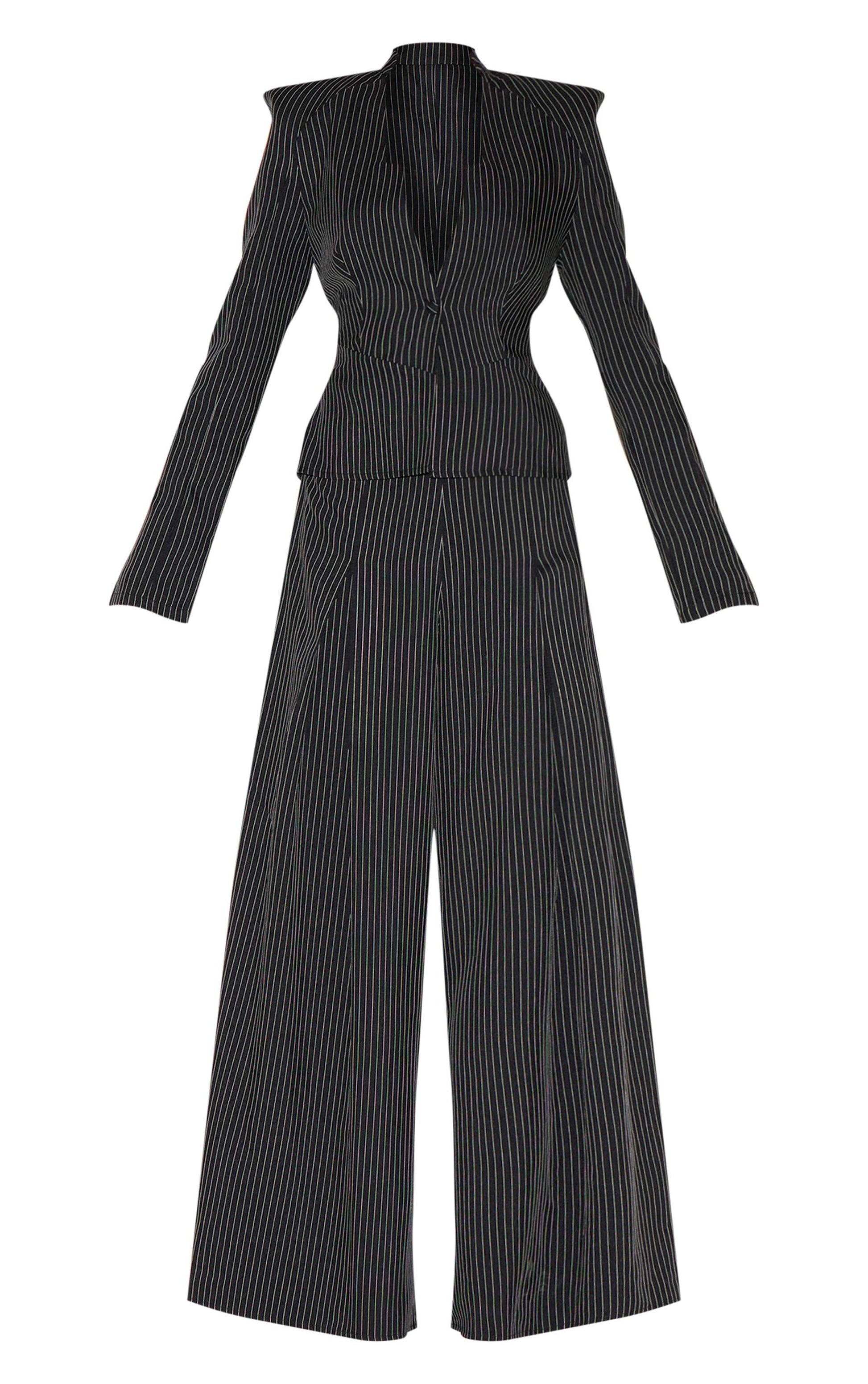 Black pinstripe shirt detail straight leg tailored jumpsuit for evening wear