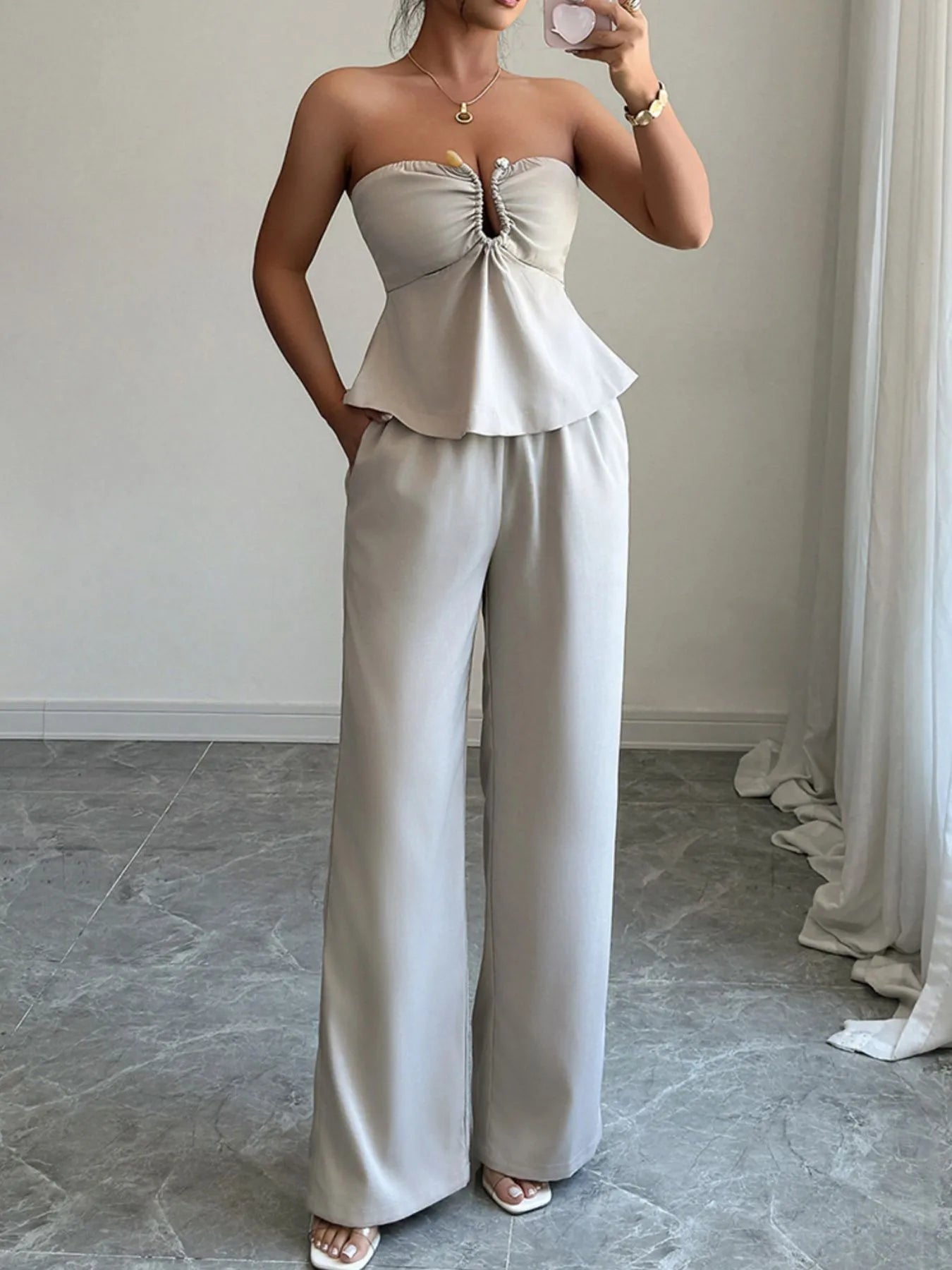 Ruched Tube Top Set with Pants for Effortless Style.