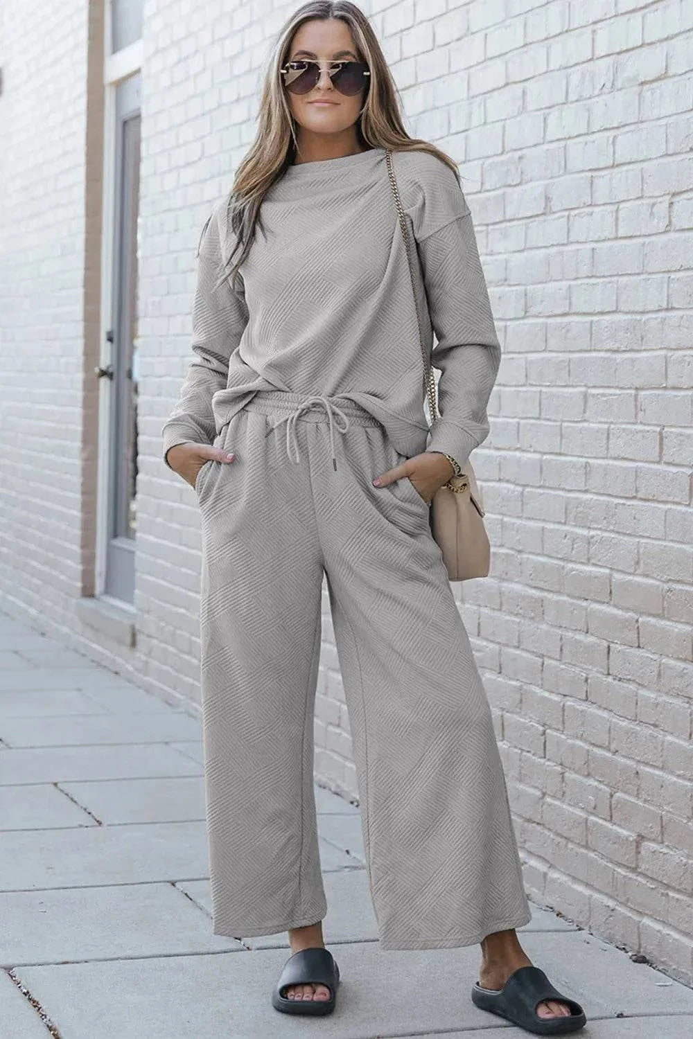 Textured Long Sleeve Set and Pants with Drawstring - Double Take Collection - Redemption By Ashley North