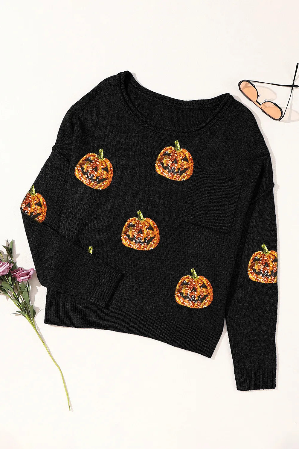 Pumpkin Round Neck Long Sleeve Knit Top.