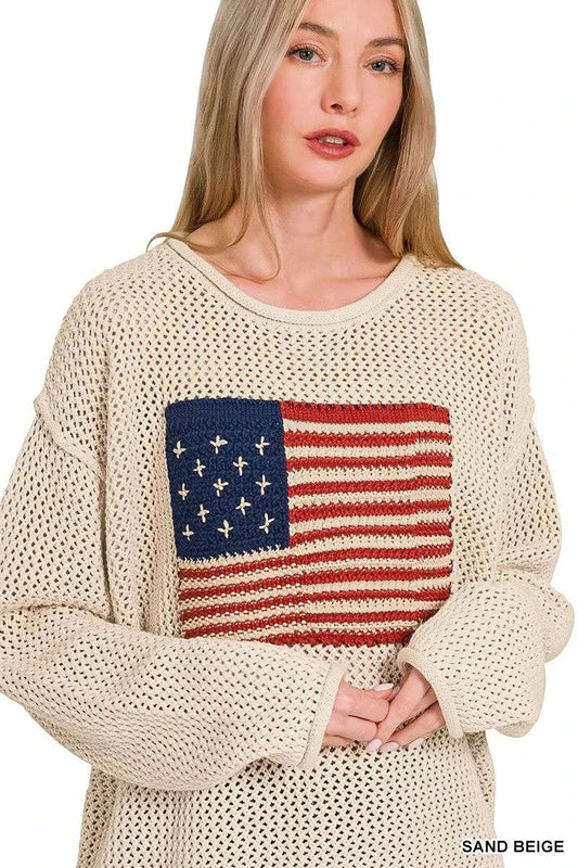 Sand beige American flag crew neck openwork sweater with ribbed cuffs and hem, made of 100% cotton.