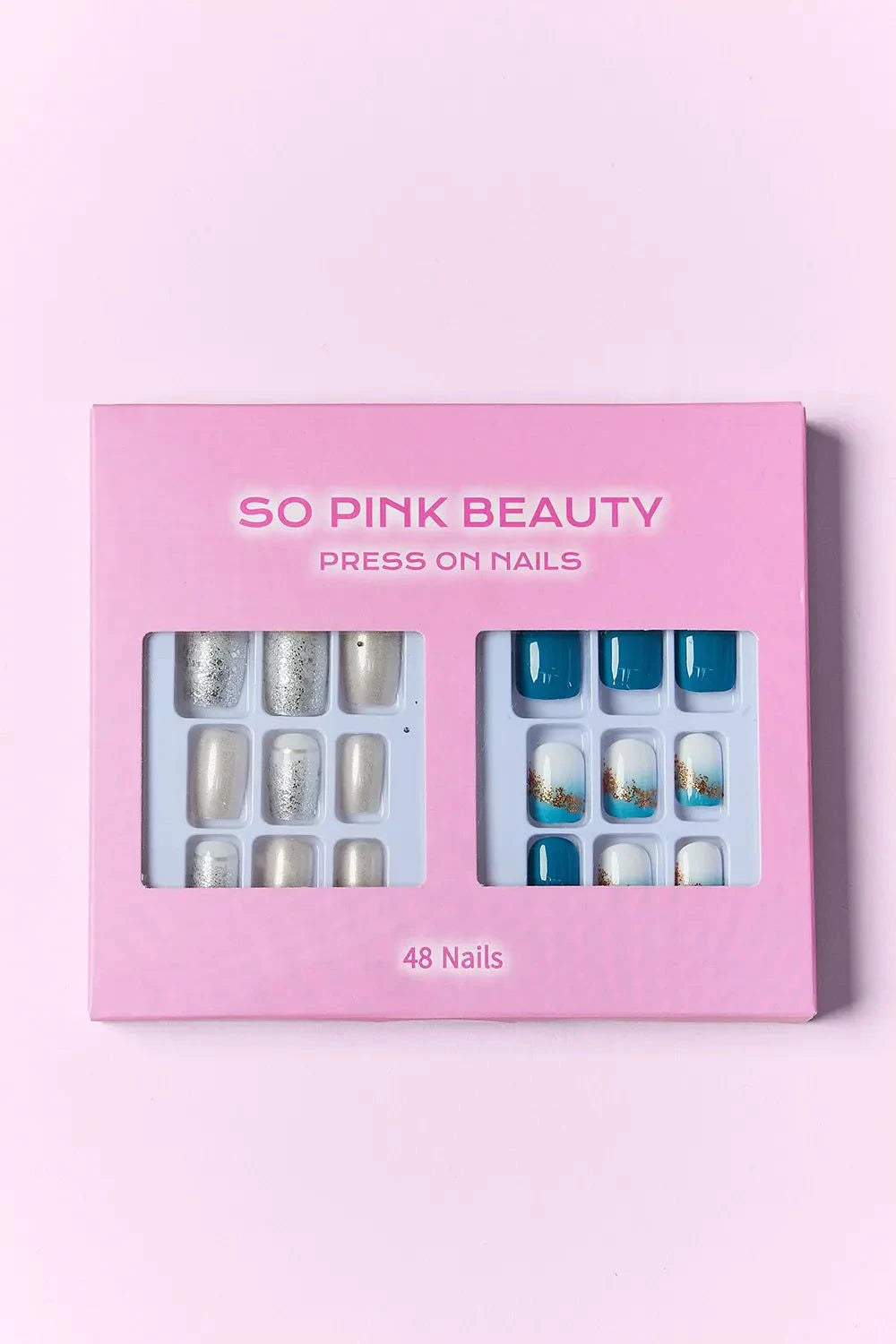 SO PINK BEAUTY press-on nails two pack with 48 stylish nails and glue in pink box