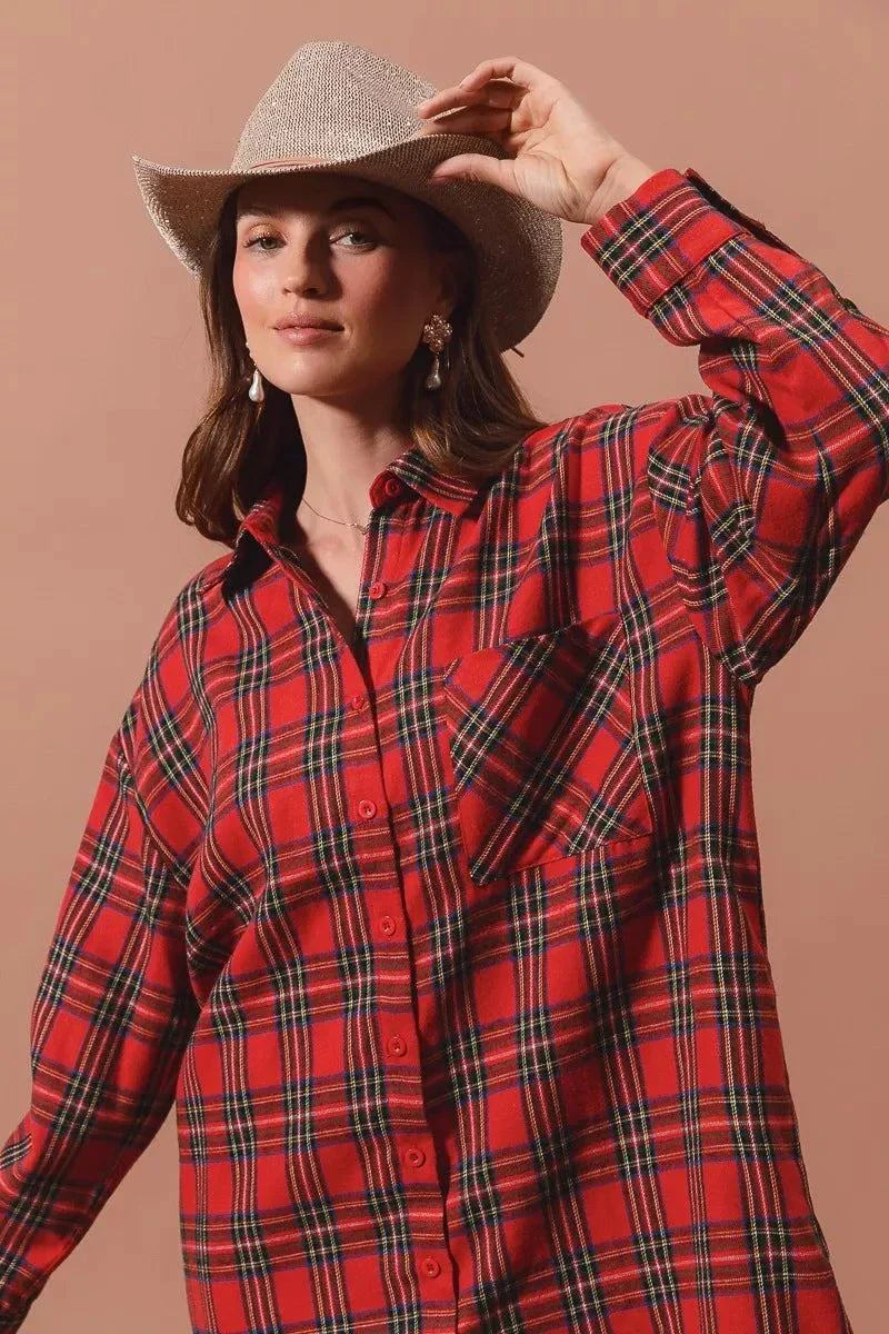 SO ME Christmas Checker Plaid Button Up Shirt DressThis Red Plaid Oversized Shirt Dress is a stylish and comfortable choice for any occasion. Made from a soft and breathable fabric, this dress features a classic plaiChristmas Checker Plaid