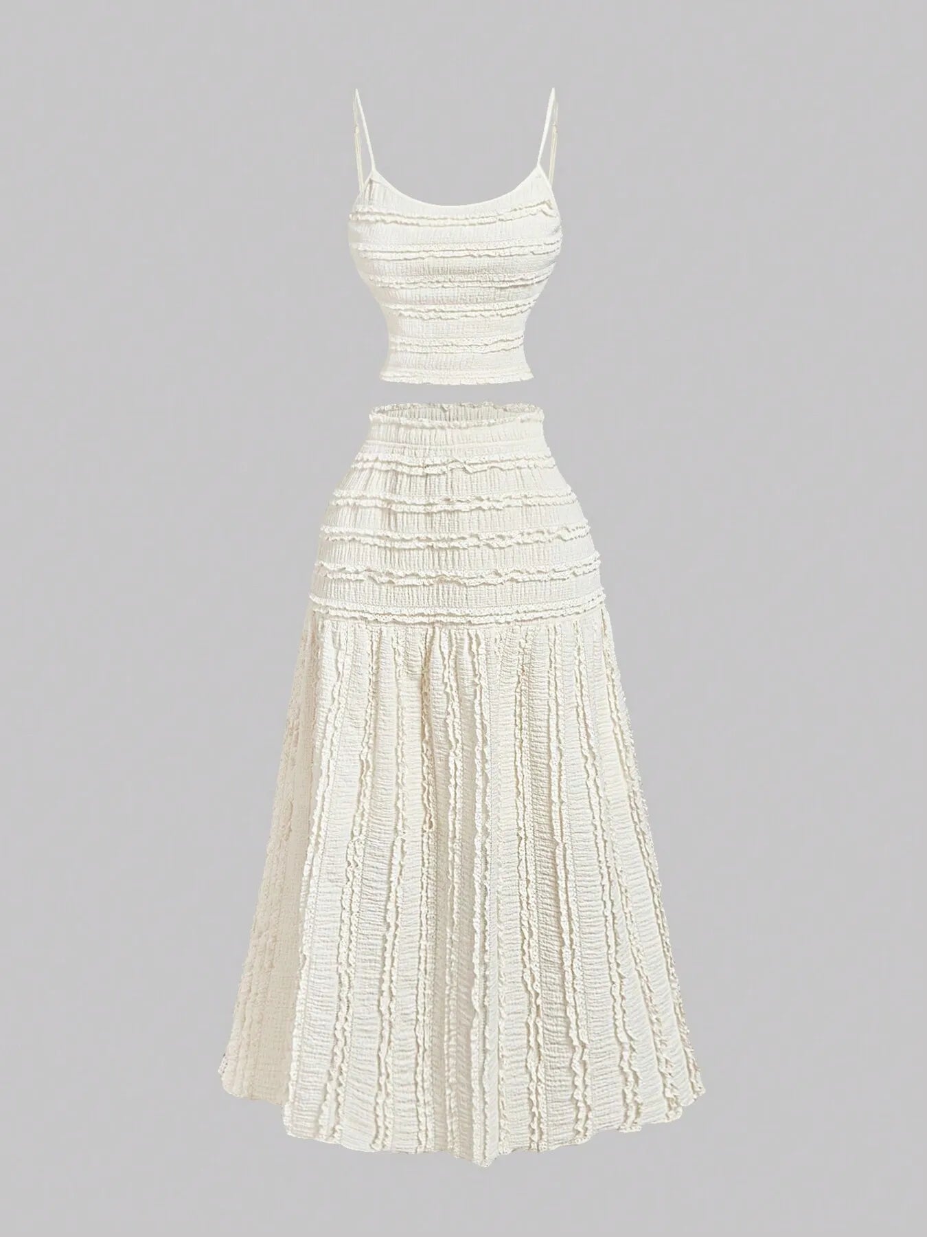 White Frill Scoop Neck Cami and tiered skirt set with ruched and smocked details