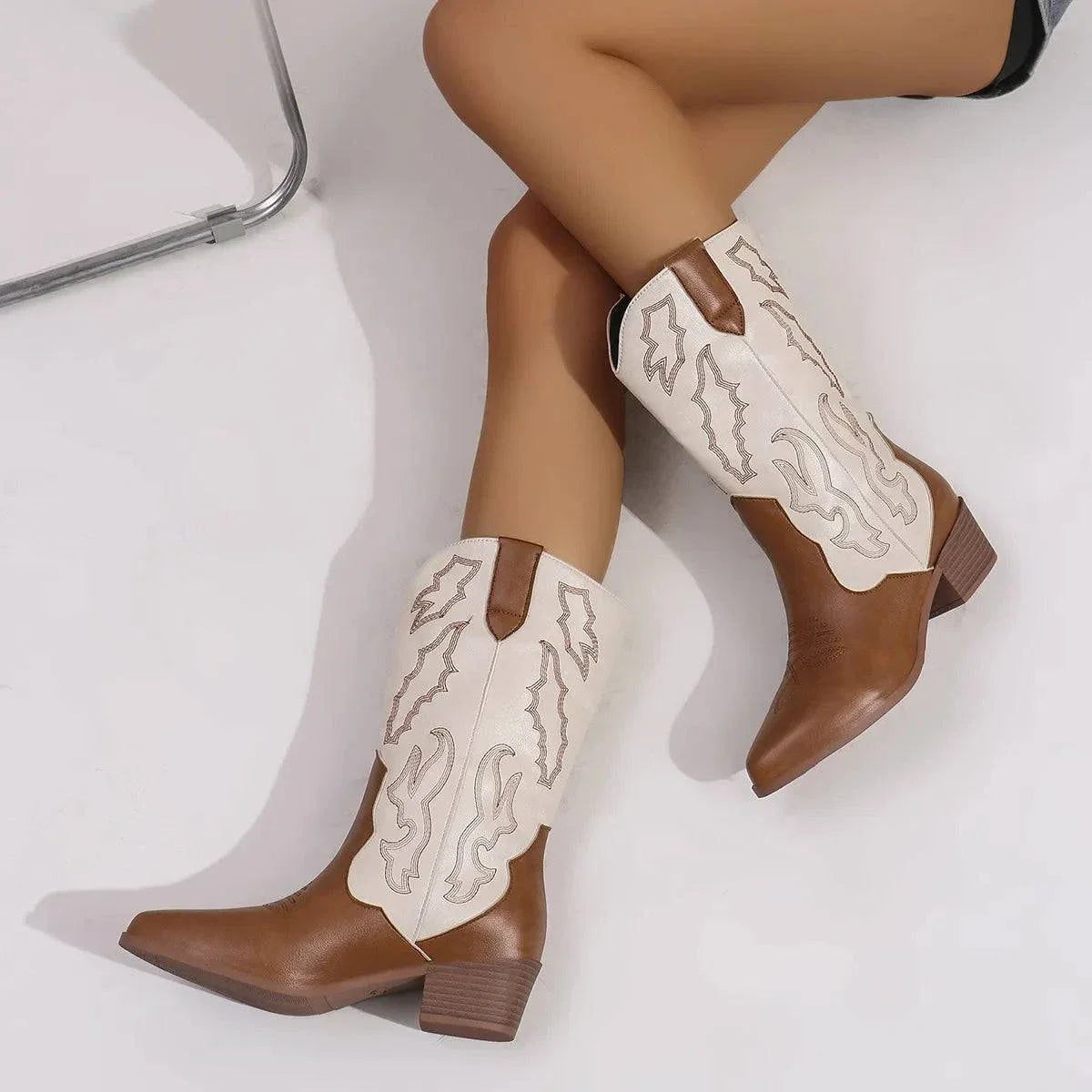 Point toe block heels boots in brown and white PU leather with mid heel height