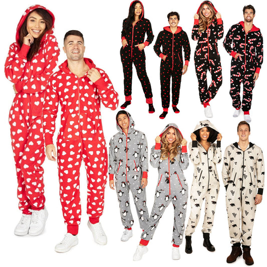 Christmas Autumn And Winter Hooded Love Print Onesie Pajamas